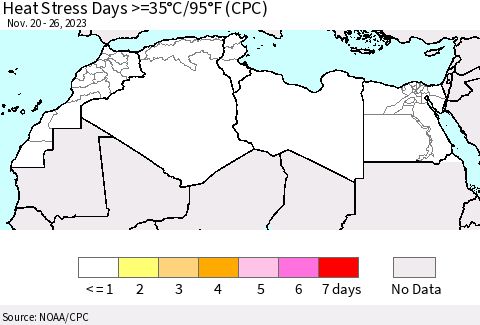 North Africa Heat Stress Days >=35°C/95°F (CPC) Thematic Map For 11/20/2023 - 11/26/2023
