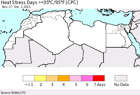North Africa Heat Stress Days >=35°C/95°F (CPC) Thematic Map For 11/27/2023 - 12/3/2023