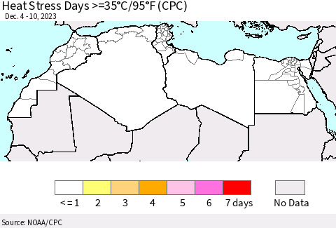 North Africa Heat Stress Days >=35°C/95°F (CPC) Thematic Map For 12/4/2023 - 12/10/2023