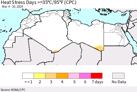 North Africa Heat Stress Days >=35°C/95°F (CPC) Thematic Map For 3/4/2024 - 3/10/2024