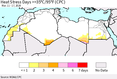 North Africa Heat Stress Days >=35°C/95°F (CPC) Thematic Map For 3/11/2024 - 3/17/2024