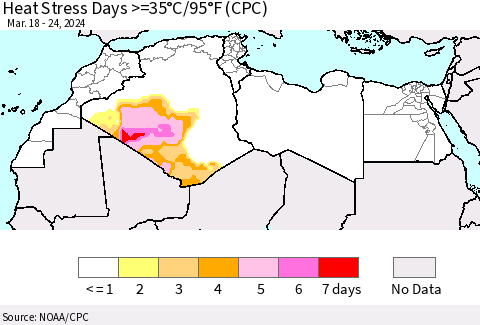 North Africa Heat Stress Days >=35°C/95°F (CPC) Thematic Map For 3/18/2024 - 3/24/2024