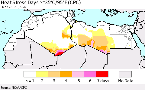 North Africa Heat Stress Days >=35°C/95°F (CPC) Thematic Map For 3/25/2024 - 3/31/2024