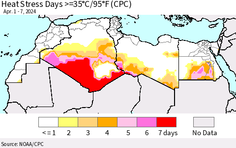 North Africa Heat Stress Days >=35°C/95°F (CPC) Thematic Map For 4/1/2024 - 4/7/2024