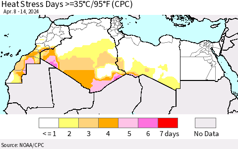 North Africa Heat Stress Days >=35°C/95°F (CPC) Thematic Map For 4/8/2024 - 4/14/2024
