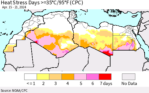 North Africa Heat Stress Days >=35°C/95°F (CPC) Thematic Map For 4/15/2024 - 4/21/2024