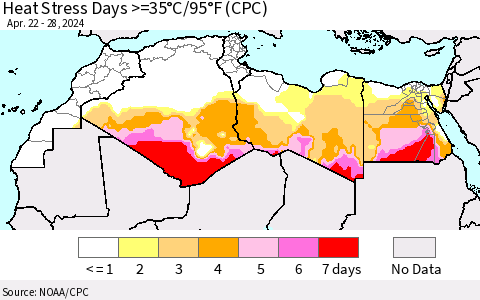 North Africa Heat Stress Days >=35°C/95°F (CPC) Thematic Map For 4/22/2024 - 4/28/2024