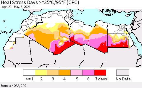 North Africa Heat Stress Days >=35°C/95°F (CPC) Thematic Map For 4/29/2024 - 5/5/2024