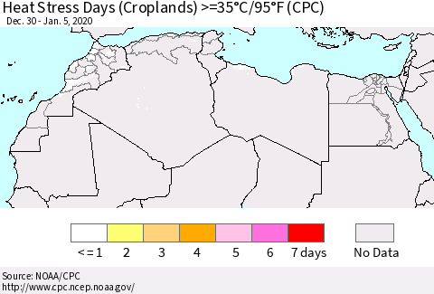 North Africa Heat Stress Days (Croplands) >=35°C/95°F (CPC) Thematic Map For 12/30/2019 - 1/5/2020
