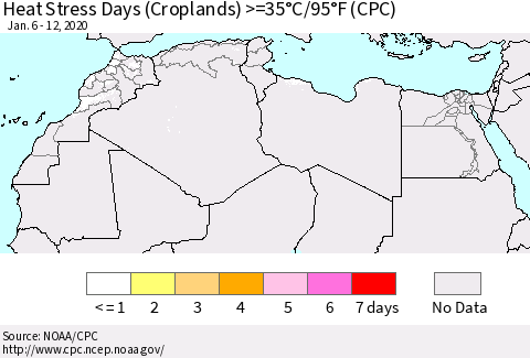 North Africa Heat Stress Days (Croplands) >=35°C/95°F (CPC) Thematic Map For 1/6/2020 - 1/12/2020