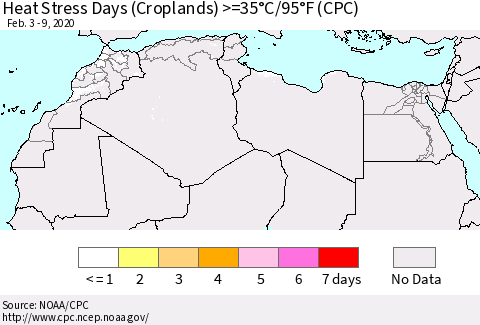 North Africa Heat Stress Days (Croplands) >=35°C/95°F (CPC) Thematic Map For 2/3/2020 - 2/9/2020