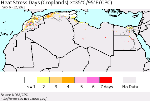 North Africa Heat Stress Days (Croplands) >=35°C/95°F (CPC) Thematic Map For 9/6/2021 - 9/12/2021