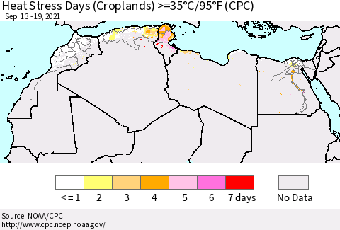 North Africa Heat Stress Days (Croplands) >=35°C/95°F (CPC) Thematic Map For 9/13/2021 - 9/19/2021
