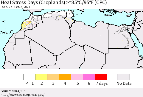 North Africa Heat Stress Days (Croplands) >=35°C/95°F (CPC) Thematic Map For 9/27/2021 - 10/3/2021