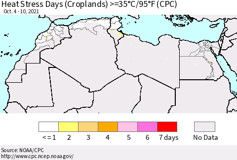 North Africa Heat Stress Days (Croplands) >=35°C/95°F (CPC) Thematic Map For 10/4/2021 - 10/10/2021