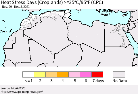 North Africa Heat Stress Days (Croplands) >=35°C/95°F (CPC) Thematic Map For 11/29/2021 - 12/5/2021