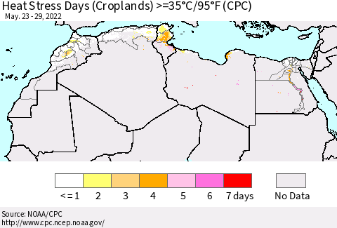 North Africa Heat Stress Days (Croplands) >=35°C/95°F (CPC) Thematic Map For 5/23/2022 - 5/29/2022