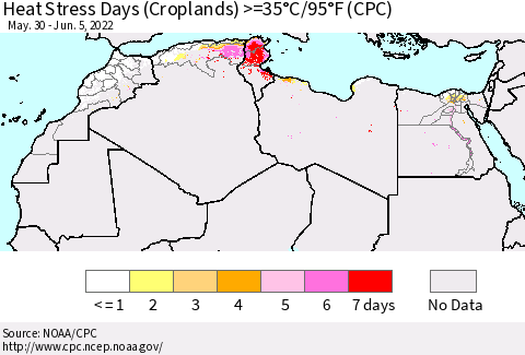 North Africa Heat Stress Days (Croplands) >=35°C/95°F (CPC) Thematic Map For 5/30/2022 - 6/5/2022