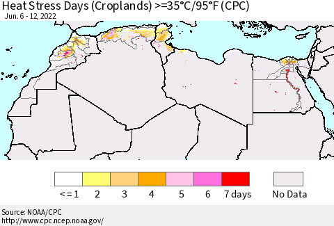 North Africa Heat Stress Days (Croplands) >=35°C/95°F (CPC) Thematic Map For 6/6/2022 - 6/12/2022