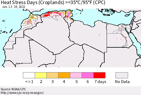 North Africa Heat Stress Days (Croplands) >=35°C/95°F (CPC) Thematic Map For 6/13/2022 - 6/19/2022