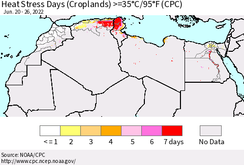 North Africa Heat Stress Days (Croplands) >=35°C/95°F (CPC) Thematic Map For 6/20/2022 - 6/26/2022