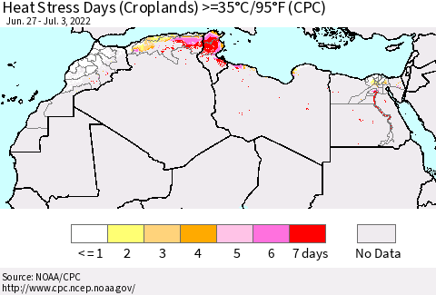 North Africa Heat Stress Days (Croplands) >=35°C/95°F (CPC) Thematic Map For 6/27/2022 - 7/3/2022