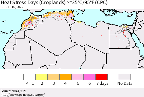 North Africa Heat Stress Days (Croplands) >=35°C/95°F (CPC) Thematic Map For 7/4/2022 - 7/10/2022