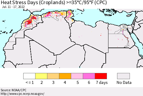 North Africa Heat Stress Days (Croplands) >=35°C/95°F (CPC) Thematic Map For 7/11/2022 - 7/17/2022