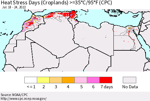 North Africa Heat Stress Days (Croplands) >=35°C/95°F (CPC) Thematic Map For 7/18/2022 - 7/24/2022
