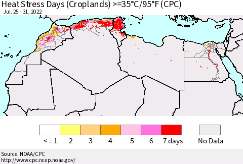 North Africa Heat Stress Days (Croplands) >=35°C/95°F (CPC) Thematic Map For 7/25/2022 - 7/31/2022