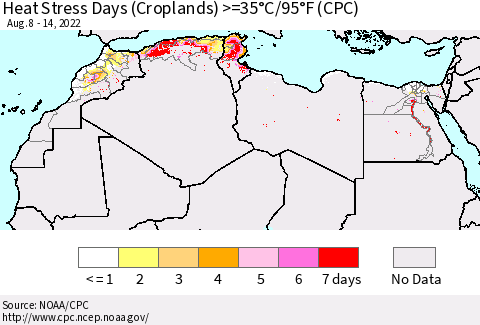 North Africa Heat Stress Days (Croplands) >=35°C/95°F (CPC) Thematic Map For 8/8/2022 - 8/14/2022