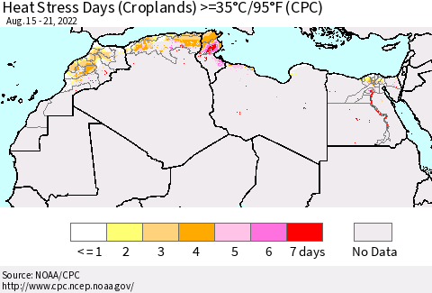 North Africa Heat Stress Days (Croplands) >=35°C/95°F (CPC) Thematic Map For 8/15/2022 - 8/21/2022