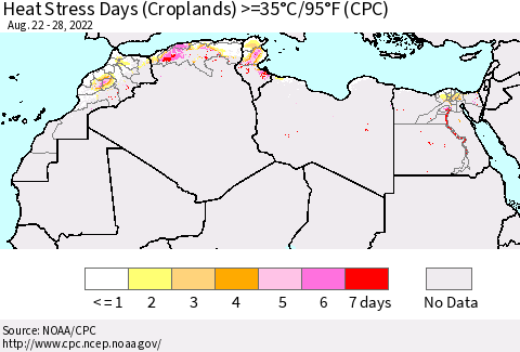 North Africa Heat Stress Days (Croplands) >=35°C/95°F (CPC) Thematic Map For 8/22/2022 - 8/28/2022