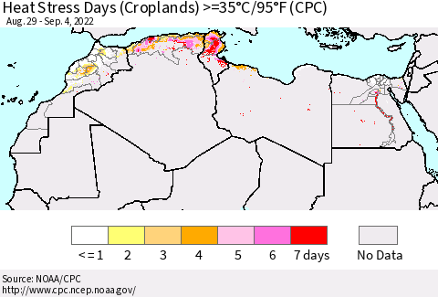North Africa Heat Stress Days (Croplands) >=35°C/95°F (CPC) Thematic Map For 8/29/2022 - 9/4/2022