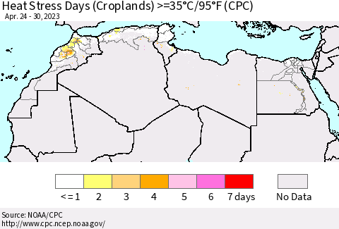 North Africa Heat Stress Days (Croplands) >=35°C/95°F (CPC) Thematic Map For 4/24/2023 - 4/30/2023