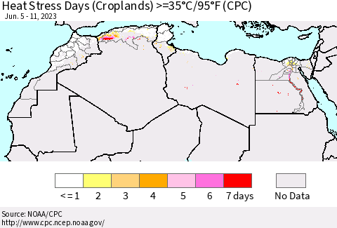 North Africa Heat Stress Days (Croplands) >=35°C/95°F (CPC) Thematic Map For 6/5/2023 - 6/11/2023