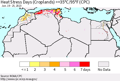 North Africa Heat Stress Days (Croplands) >=35°C/95°F (CPC) Thematic Map For 6/19/2023 - 6/25/2023