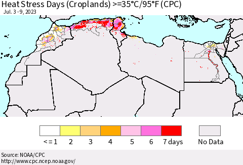North Africa Heat Stress Days (Croplands) >=35°C/95°F (CPC) Thematic Map For 7/3/2023 - 7/9/2023