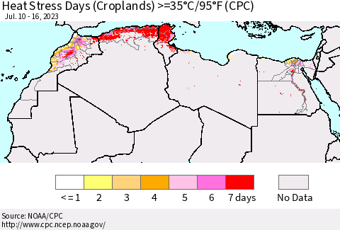 North Africa Heat Stress Days (Croplands) >=35°C/95°F (CPC) Thematic Map For 7/10/2023 - 7/16/2023