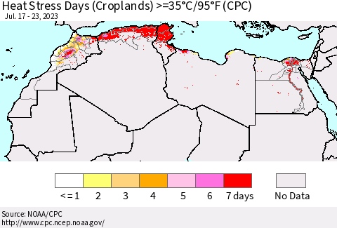 North Africa Heat Stress Days (Croplands) >=35°C/95°F (CPC) Thematic Map For 7/17/2023 - 7/23/2023