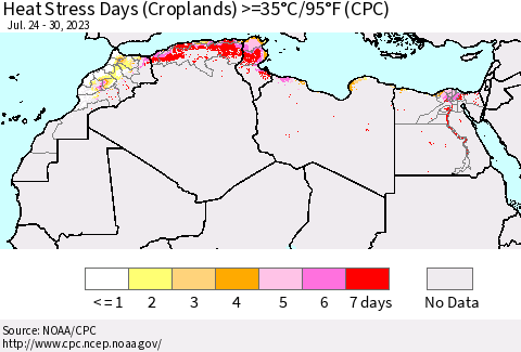 North Africa Heat Stress Days (Croplands) >=35°C/95°F (CPC) Thematic Map For 7/24/2023 - 7/30/2023