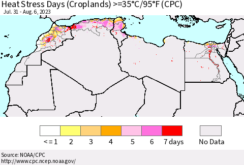 North Africa Heat Stress Days (Croplands) >=35°C/95°F (CPC) Thematic Map For 7/31/2023 - 8/6/2023