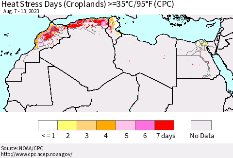 North Africa Heat Stress Days (Croplands) >=35°C/95°F (CPC) Thematic Map For 8/7/2023 - 8/13/2023