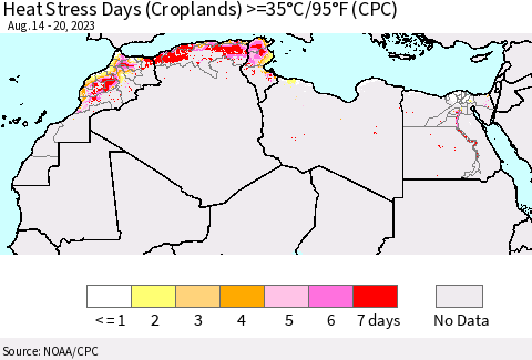 North Africa Heat Stress Days (Croplands) >=35°C/95°F (CPC) Thematic Map For 8/14/2023 - 8/20/2023