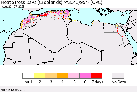 North Africa Heat Stress Days (Croplands) >=35°C/95°F (CPC) Thematic Map For 8/21/2023 - 8/27/2023