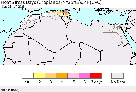 North Africa Heat Stress Days (Croplands) >=35°C/95°F (CPC) Thematic Map For 9/11/2023 - 9/17/2023