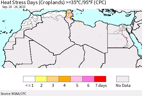 North Africa Heat Stress Days (Croplands) >=35°C/95°F (CPC) Thematic Map For 9/18/2023 - 9/24/2023