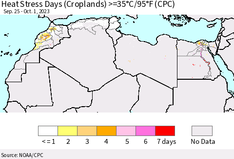 North Africa Heat Stress Days (Croplands) >=35°C/95°F (CPC) Thematic Map For 9/25/2023 - 10/1/2023