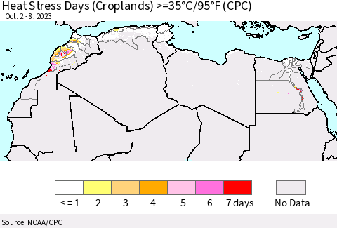 North Africa Heat Stress Days (Croplands) >=35°C/95°F (CPC) Thematic Map For 10/2/2023 - 10/8/2023