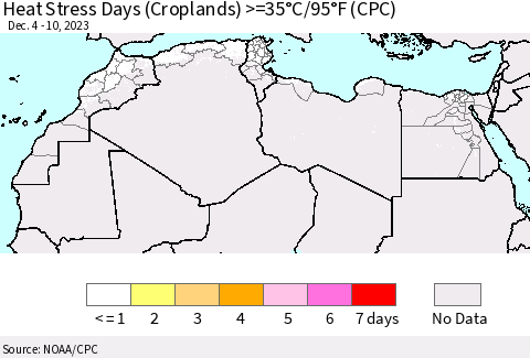 North Africa Heat Stress Days (Croplands) >=35°C/95°F (CPC) Thematic Map For 12/4/2023 - 12/10/2023